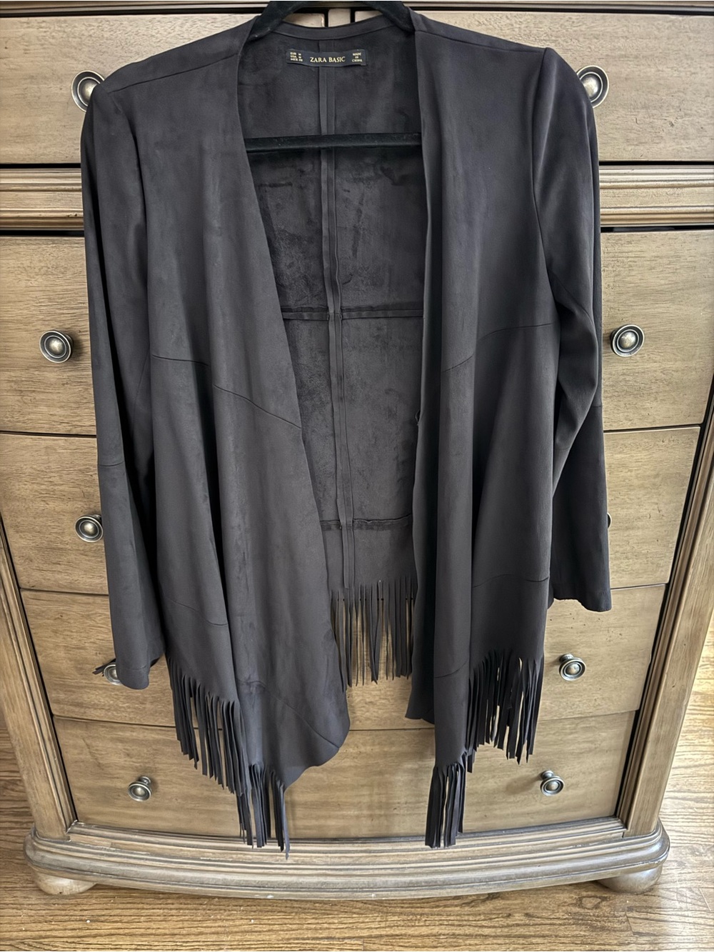 Zara Dark Gray Fringe Open-Front Jacket
